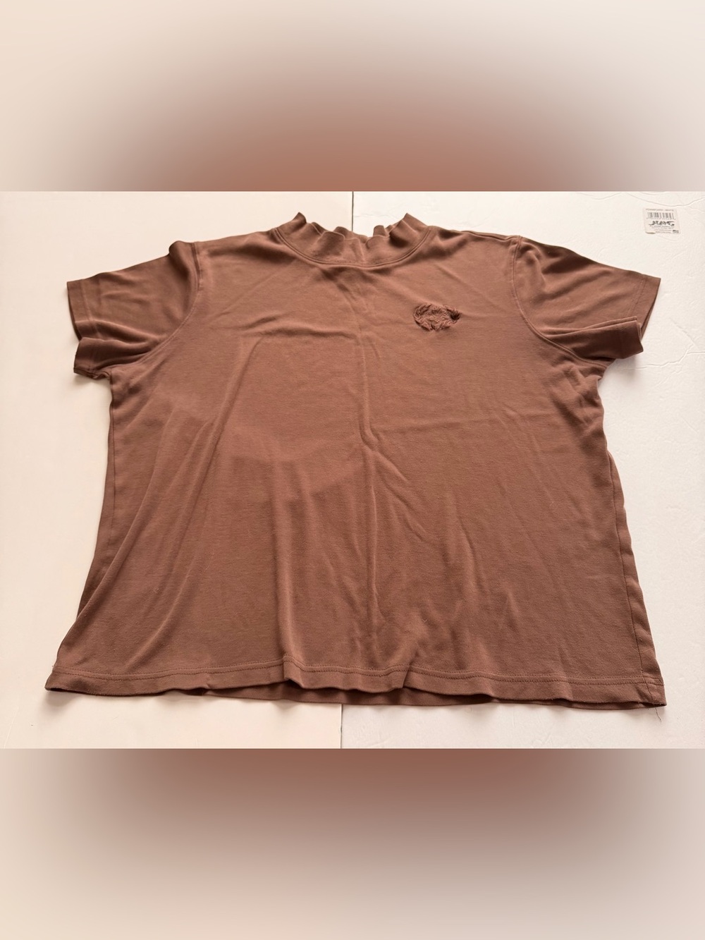 Preppy Minimalist Brown Mock Neck Embroidered Top Blair Size Large